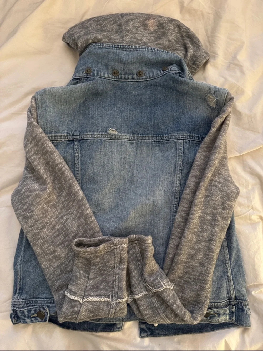 Free People Denim Jacket with Grey Knit Hoodie Sleeves and removable hood - Picture 3 of 3